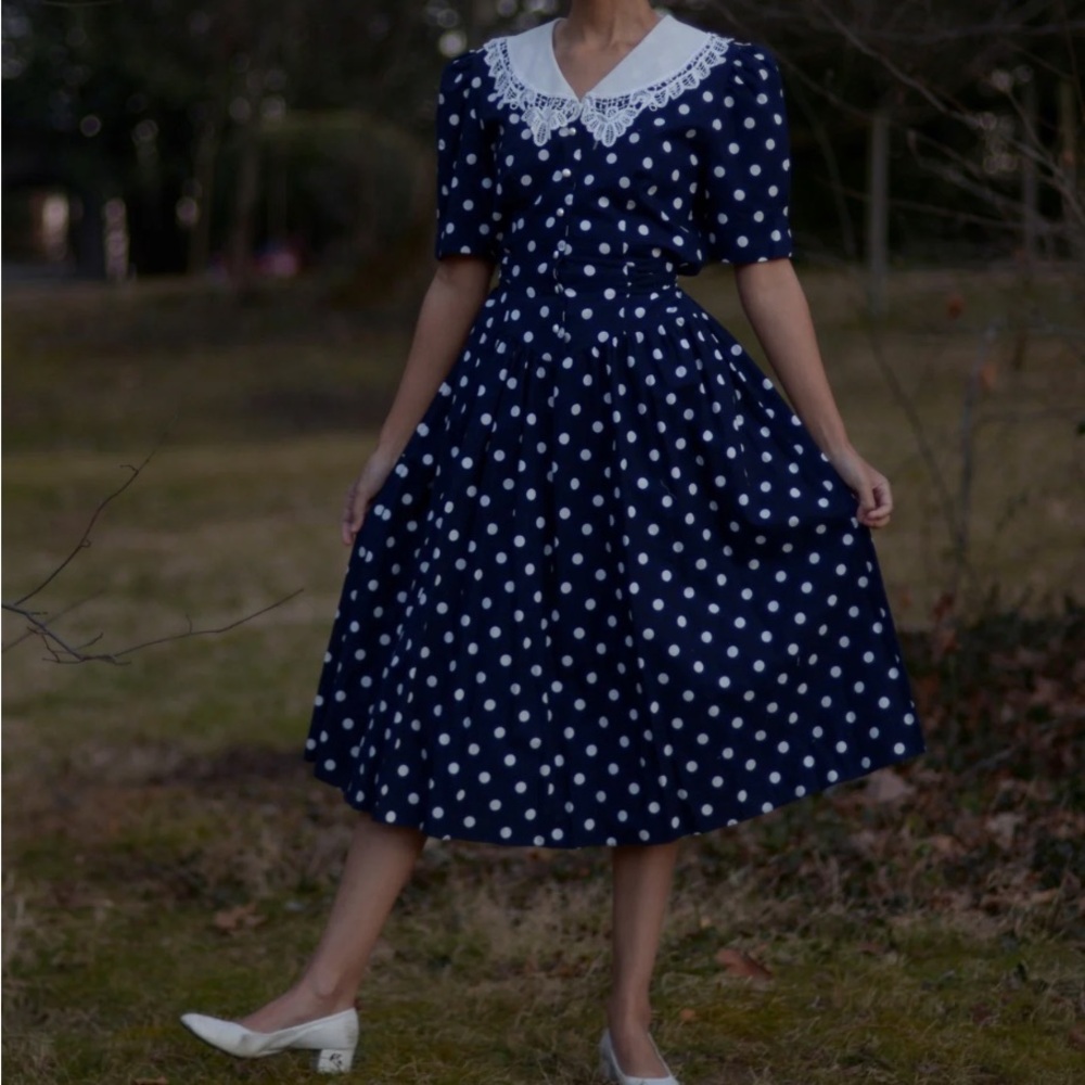 Navy Polka Dot Dress with White Lace Collar